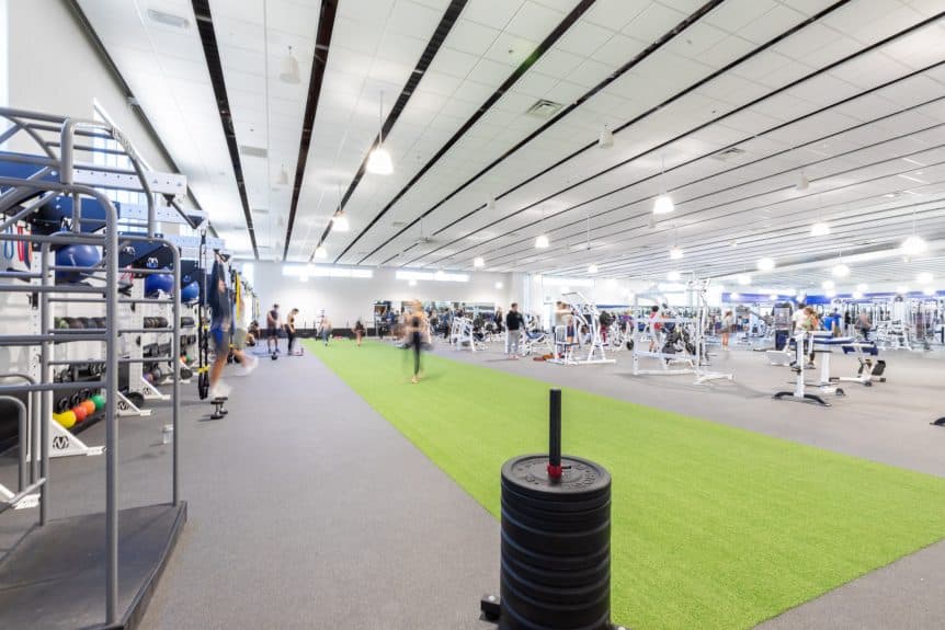 Interior of the UF Southwest Recreation Center weight room expansion.